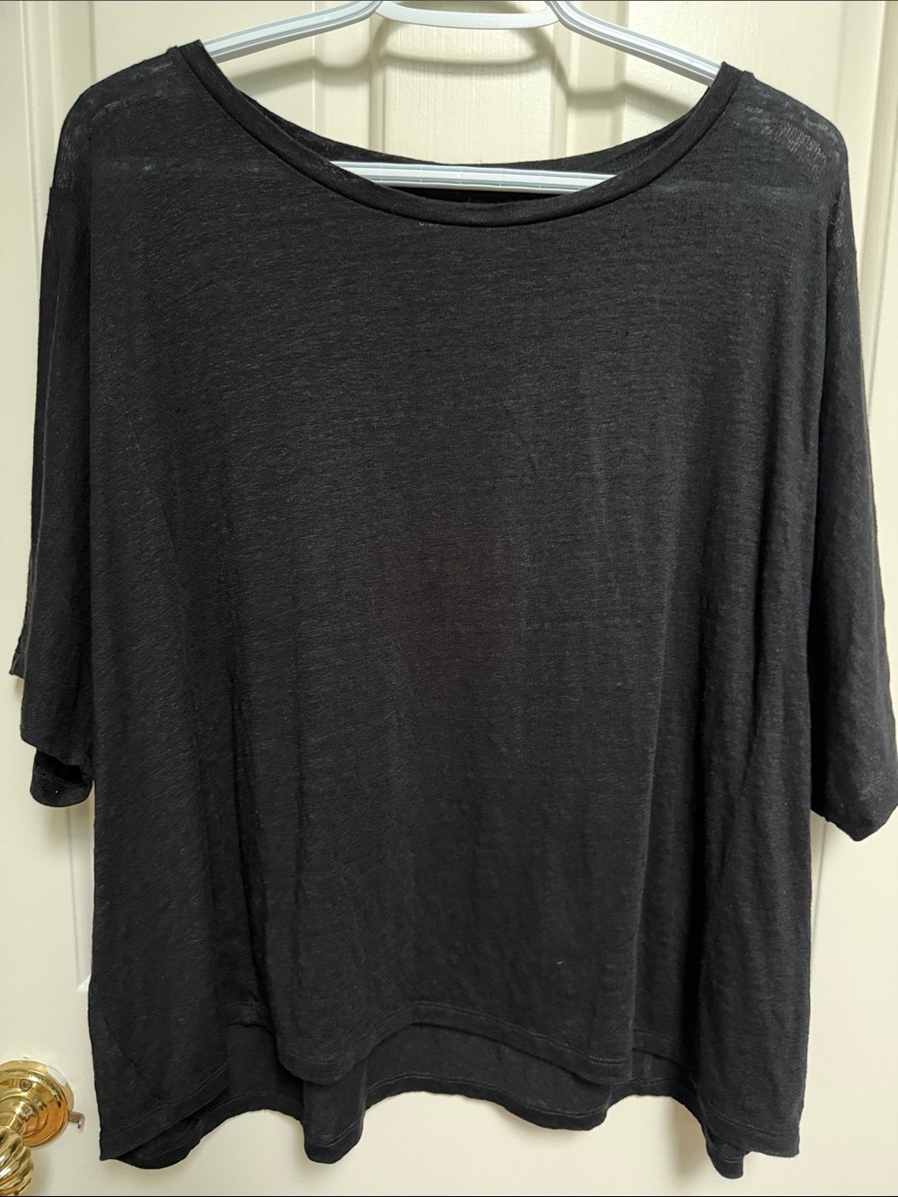 Eileen Fisher sz L Black relaxed oversized 100% organic linen short sleeve top